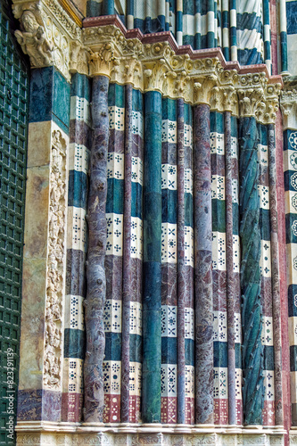 Details at facade of Genoa Cathedral or Metropolitan Cathedral of Saint Lawrence in Genoa, Italy.