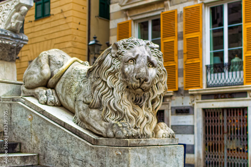 Lion sculpture in front of Genoa Cathedral or Metropolitan Cathedral of Saint Lawrence in Genoa, Italy.