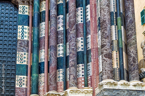 Details at facade of Genoa Cathedral or Metropolitan Cathedral of Saint Lawrence in Genoa, Italy.