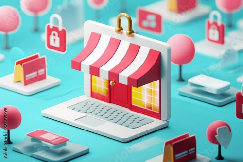 Cheerful Secure Online Shopping with Storefront and Lock Icons in Playful Pastel 3D Illustration