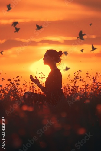 Woman praying and free in nature on sunset background.