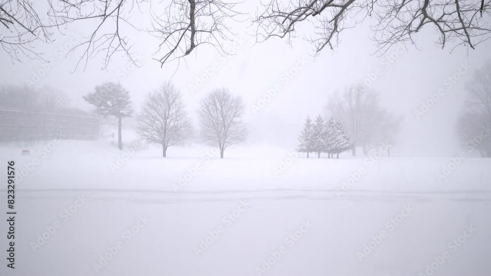 Footage of evergreen trees during a snowstorm in Orillia, Ontario Canada suitable for a background.