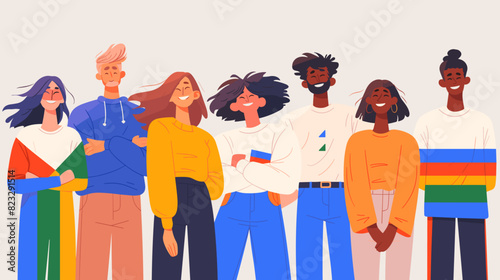 A simple flat design illustration featuring six diverse individuals representing the LGBTQ+ community. Each person is depicted with unique characteristics and pride colors.