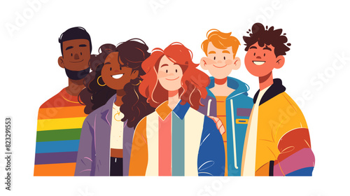 An inclusive flat design illustration with six diverse characters representing different aspects of the LGBTQ+ spectrum.