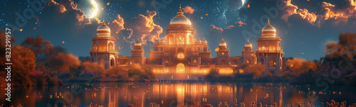 3D rendering of a fairy tale castle with sunset clouds and fireworks