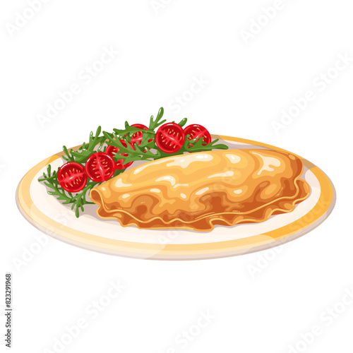 Scrambled eggs with slices of cherry tomatoes and arugula, cartoon glass plate of morning food. Side view of omelette and healthy salad, cartoon soft traditional breakfast eggs vector illustration