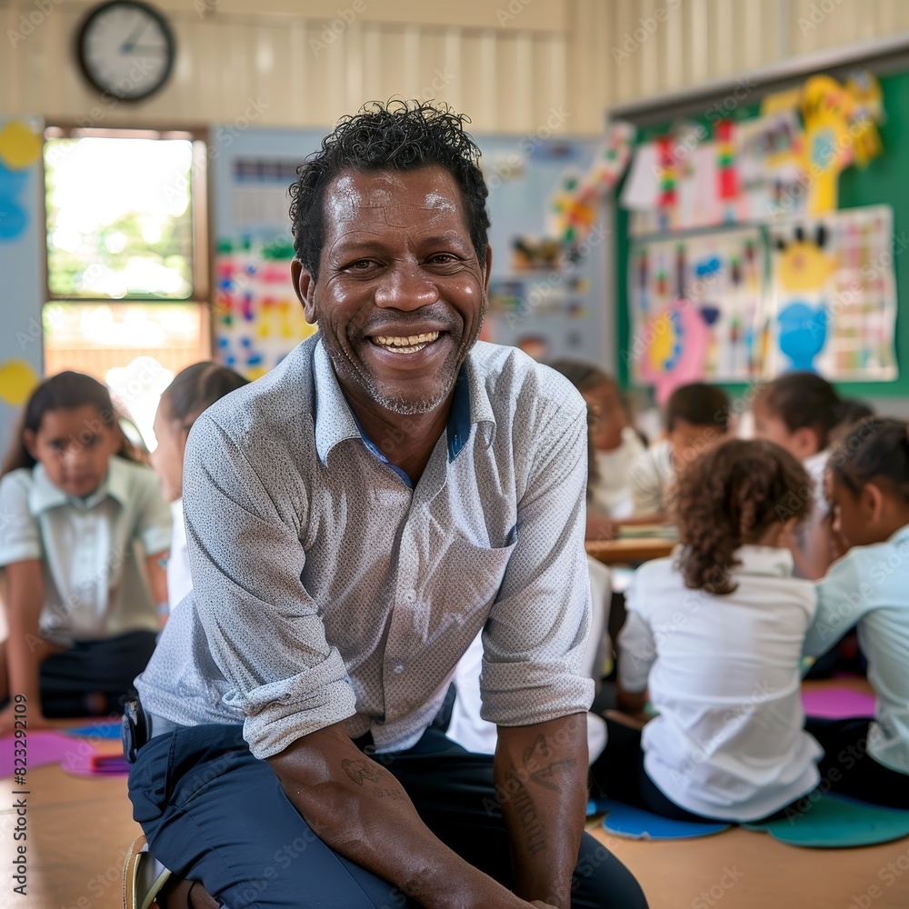 Primary educator smiling at the camera in a classroom. Teacher teaching a group of children in a school Primary educator smiling at the camera in a classroom. Teacher teaching a group of children in a school