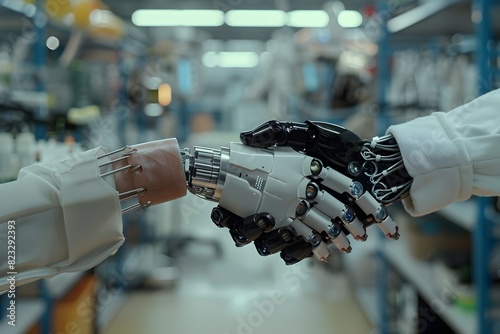 Robotic Handshake in Cutting Edge Research Lab Symbolizing Innovative Partnership for Artificial