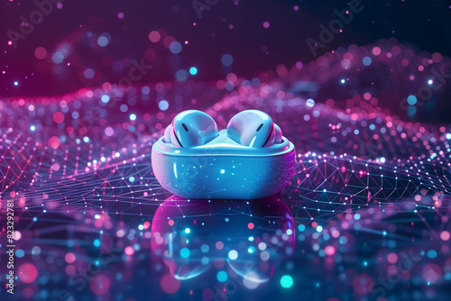 Wireless Earbuds For convenient, cablefree listening, futuristic background  photo