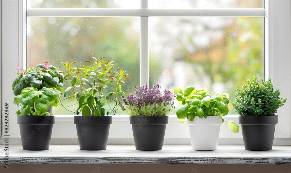 Row of Potted Plants on Window Sill, Generative AI