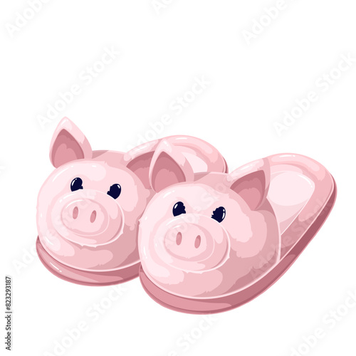 Pink furry slippers with cartoon pig faces. Funny pair of slippers with snout and eyes, ears on cute muzzle, cozy home footwear mascot, cartoon comfortable shoes with animal head vector illustration