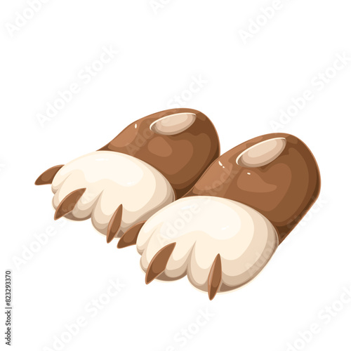 Brown white slippers in cartoon animal paw shape. Funny pair of furry wild predator legs with claws, fun cozy home footwear, accessory mascot. Cartoon slippers for kids and adults vector illustration