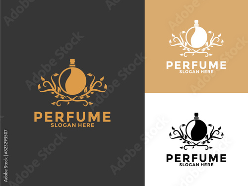 Golden Nature Perfume Bottle logo design  Organic Perfume logo vector template