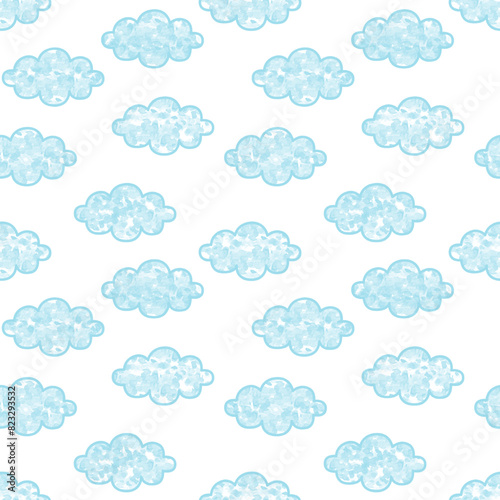 Blue fluffy cloud on sky. Cloudy sky cartoon wallpaper. Cute clouds on white background. Watercolor seamless pattern vector. Minimal design for fabric, textile, clothing, cover, paper, texture, dress.