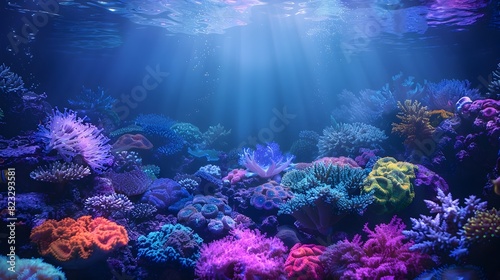 Vibrant Bioluminescent Coral Reef Underwater Seascape at Night © Thares2020