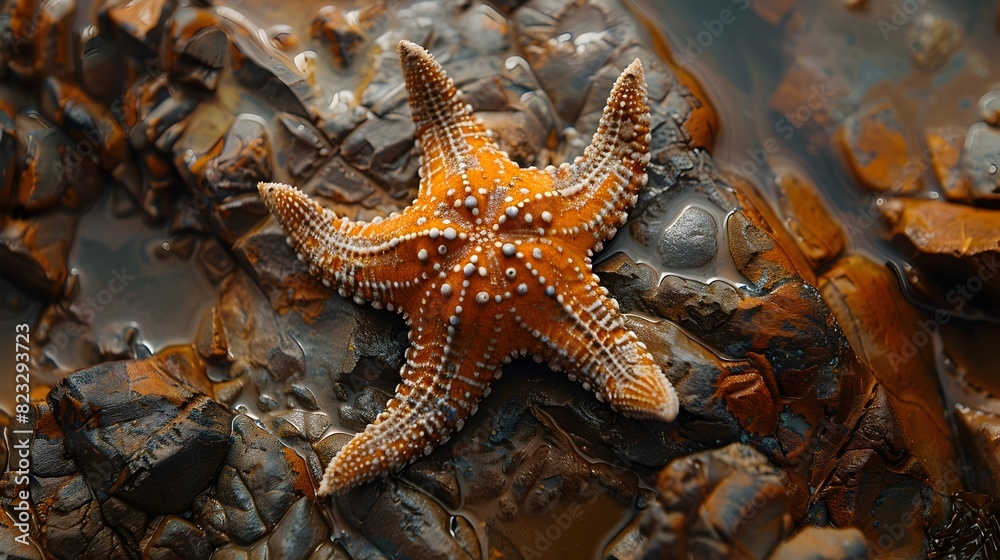 Intricate Textures and Vibrant Patterns of a Captivating Starfish Clinging to a Rocky Coastal Habitat Intricate Textures and Vibrant Patterns of a Captivating Starfish Clinging to a Rocky Coastal Habitat