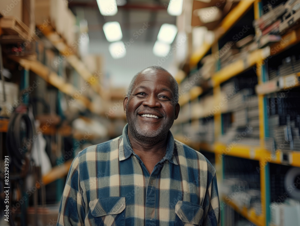Smiling and laughing african middle aged man in a hardware warehouse standing selects a repair tool.