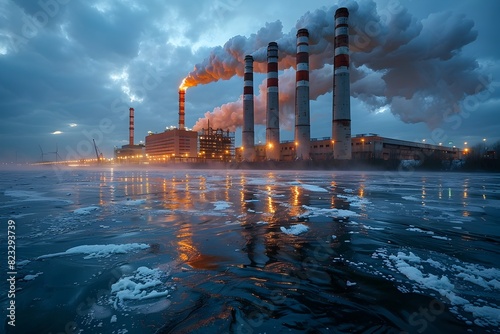 Smoke Belching Industrial Plant Overlooking Turbulent Waters in Grim Environmental Catastrophe Scene photo