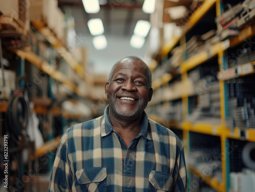 Smiling and laughing african middle aged man in a hardware warehouse standing selects a repair tool. © Akmalism