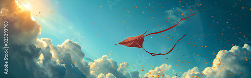 Sunny day blue sky and many colorful kites aerial maneuvers paper engineering with blue sky background 