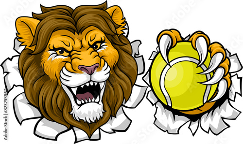 A lion with a tennis ball sports team animal cartoon mascot