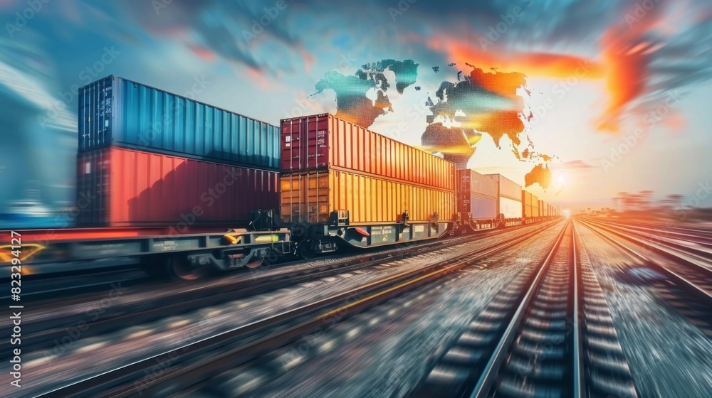 Fototapeta premium Global business of Container Cargo freight train for Business logistics concept, Air cargo trucking, Rail transportation and maritime shipping,