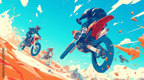 Motocross Riders Performing Stunts in Desert Landscape. Amazing anime illustration suitable for desktop wallpaper. 