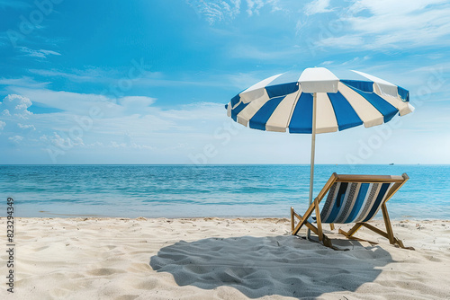 horizontal image of a quiet beach in a hot summer day  with blue and white umbrella and chair  copy space