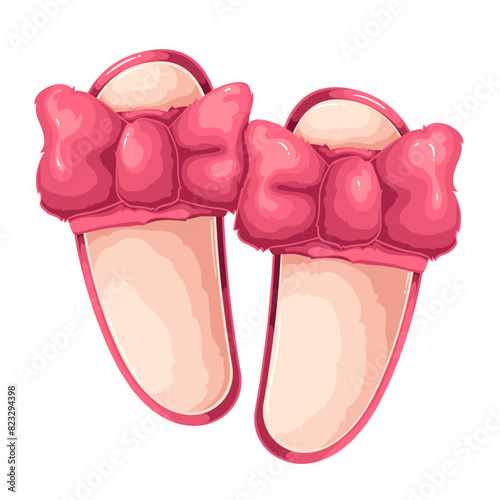 Red soft home slippers with cartoon bow knot. Funny fuzzy decoration on pair of female house shoes, pajama party costume and accessory mascot, cartoon top view of footwear vector illustration