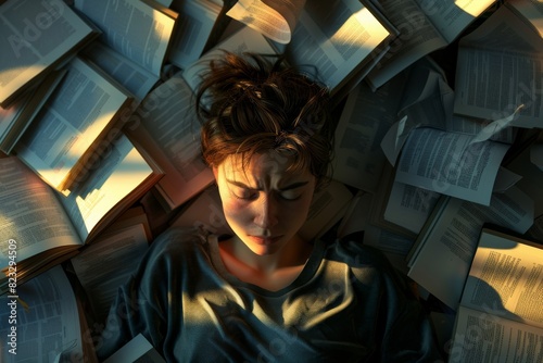 A person lying on the ground surrounded by open books, illuminated by sunset light, capturing a moment of intense concentration.