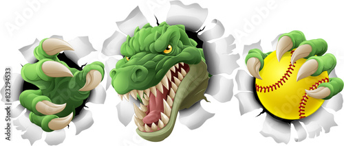An alligator, crocodile or dinosaur softball or baseball animal sports mascot holding a ball in his claw