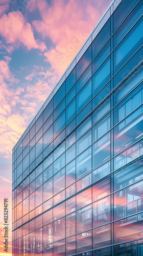 Modern glass building with colorful sky reflection