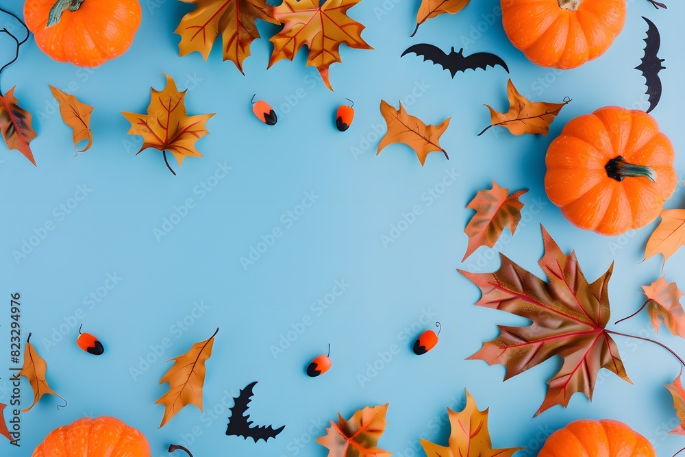 Halloween Flat Lay with Pumpkins, Bats, and Leaves Halloween Flat Lay with Pumpkins, Bats, and Leaves