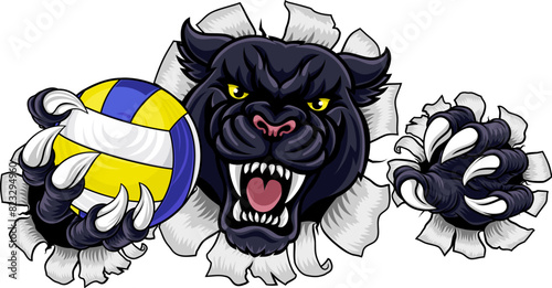 A panther jaguar leopard volleyball animal sports mascot holding a volley ball in his claw