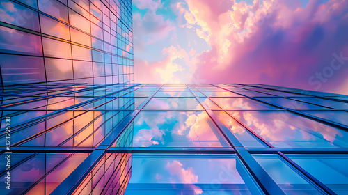 Modern glass building with colorful sky reflection photo