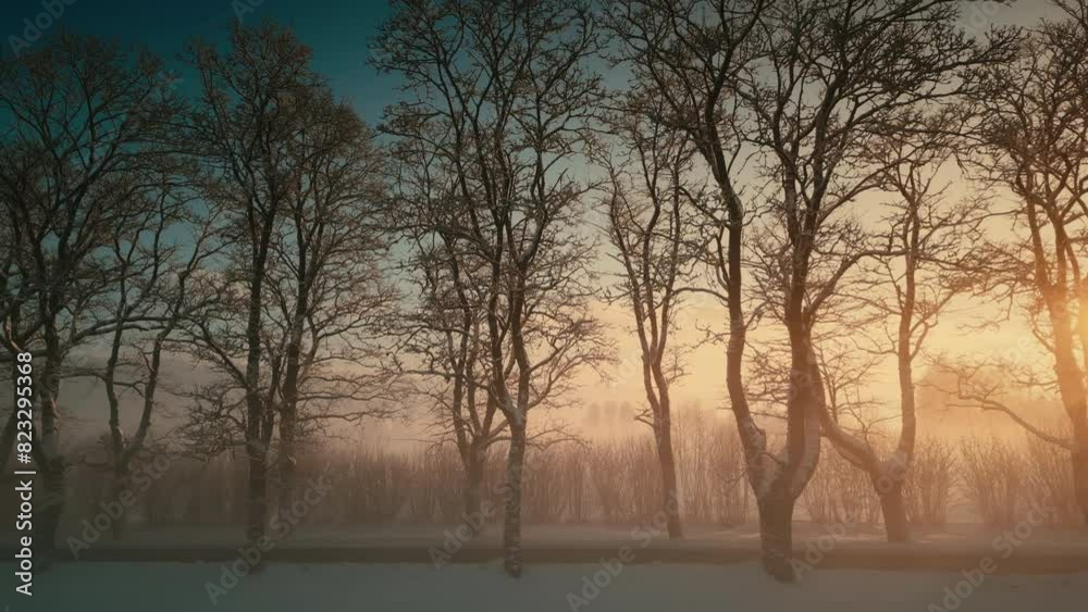 Drone shot of the tall leafless trees in a snowy forest covered with dense fog at sunrise Drone shot of the tall leafless trees in a snowy forest covered with dense fog at sunrise