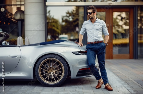 A handsome man in casual attire leaning against his silver convertible sports car, exuding confidence and style photo