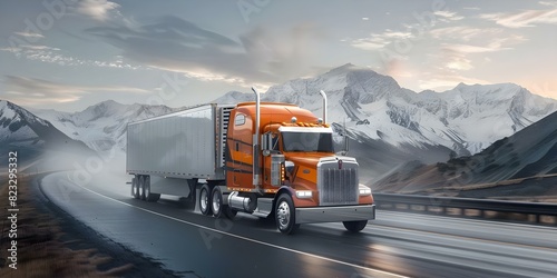 Semi truck driving through majestic mountains. Concept Trucking Adventures, Scenic Route, Mountain Passes, Big Rig Lifestyle, Highway Views photo