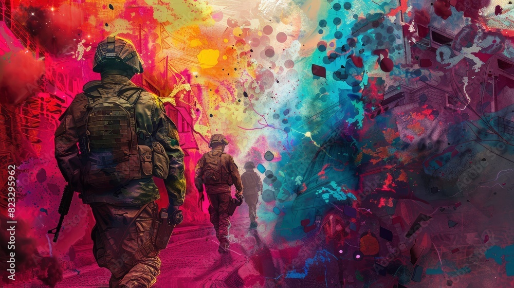 Military service, Independence Day, fantastical illustrations painted in a myriad of colors, contemporary street photography, UHD. Military service, Independence Day, fantastical illustrations painted in a myriad of colors, contemporary street photography, UHD.