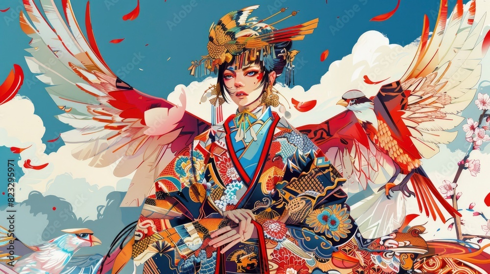 Fototapeta premium Military, Thomas Jefferson, fantasy illustrations filled with bright and bold colors, traditional Japanese kimono patterns, SFX