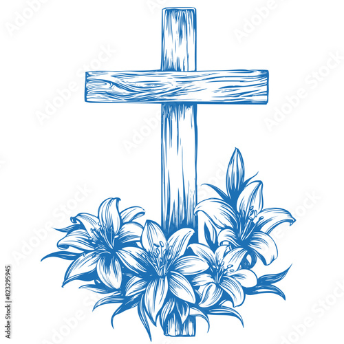 Happy easter, cross and floral blooming lilies, Easter. symbol of Christianity hand drawn vector illustration sketch