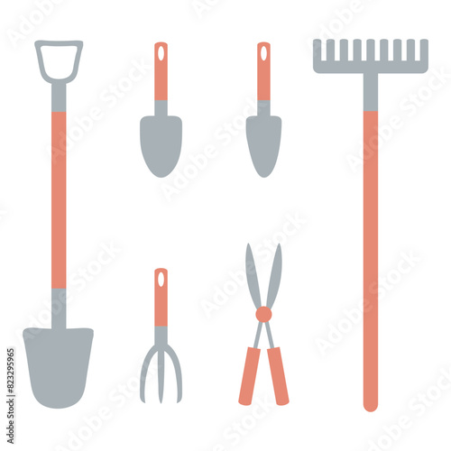 Hand drawn garden inventory clipart collection. Summer gardening tools flat set. Vector illustration isolated on white background.