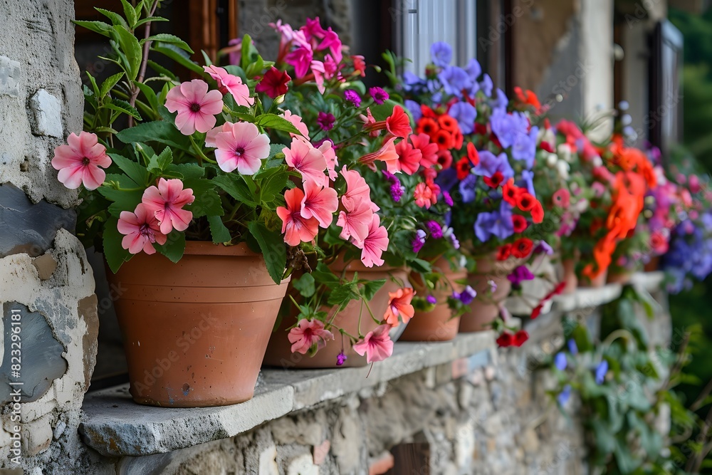Summer flowers in pots on the window of an old house.