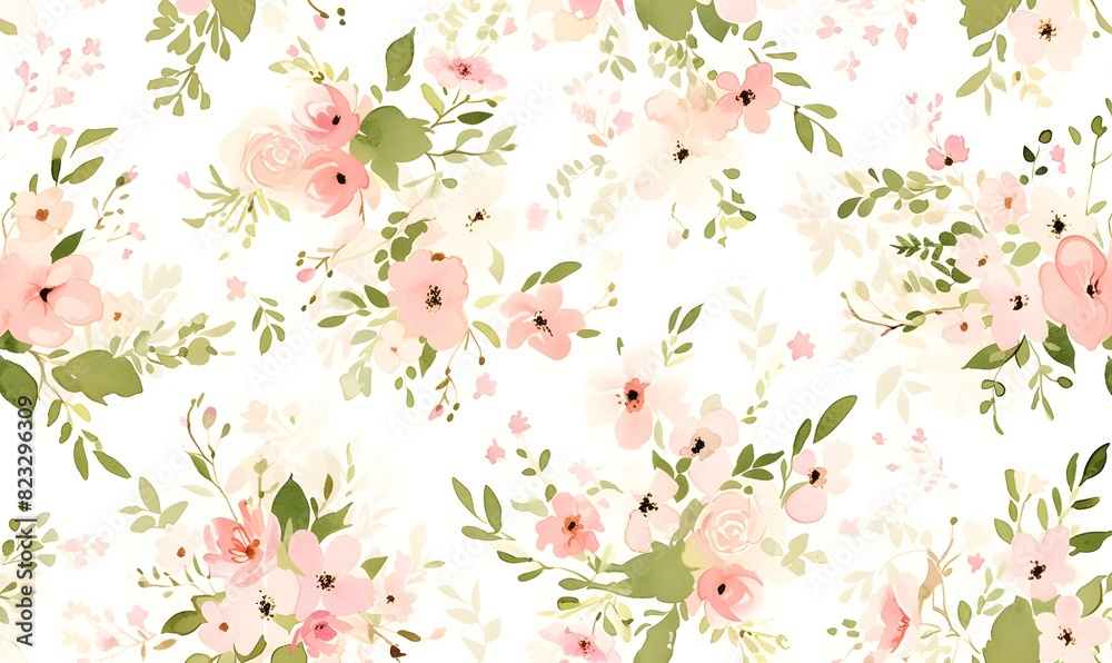 Small light pink flowers and green leaves, Generative AI