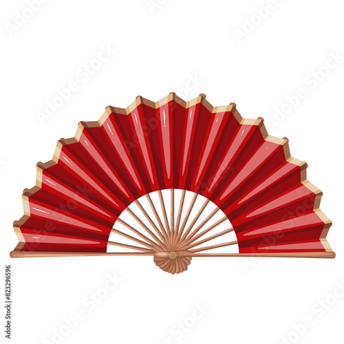 Red open fan, cartoon Chinese and Japanese traditional accessory. Retro handheld paper fan with gold border and wooden sticks, oriental festival decoration mascot, cartoon vector illustration