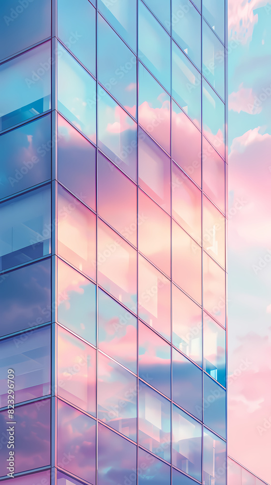 Fototapeta premium Modern glass building with colorful sky reflection