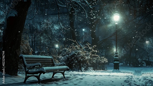 Snow-covered bench in the park at night, realistic winter scene with peaceful ambiance photo