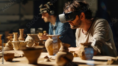 A team of archaeologists virtually piecing together pottery fragments using VR technology to visualize how the pieces fit together in their original form. photo