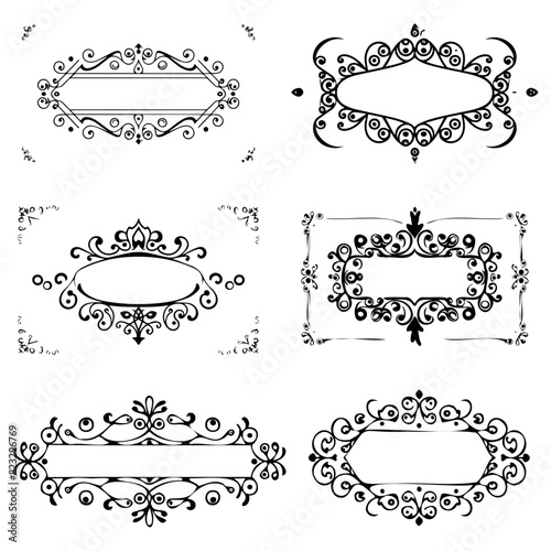 Vintage ornate frames, decorative ornaments, flourish and scroll elements.