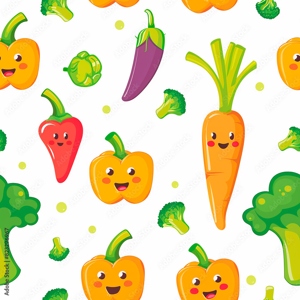 Cute seamless pattern with cartoon vegetables including carrots, peppers, and broccoli on a white background Cute seamless pattern with cartoon vegetables including carrots, peppers, and broccoli on a white background
